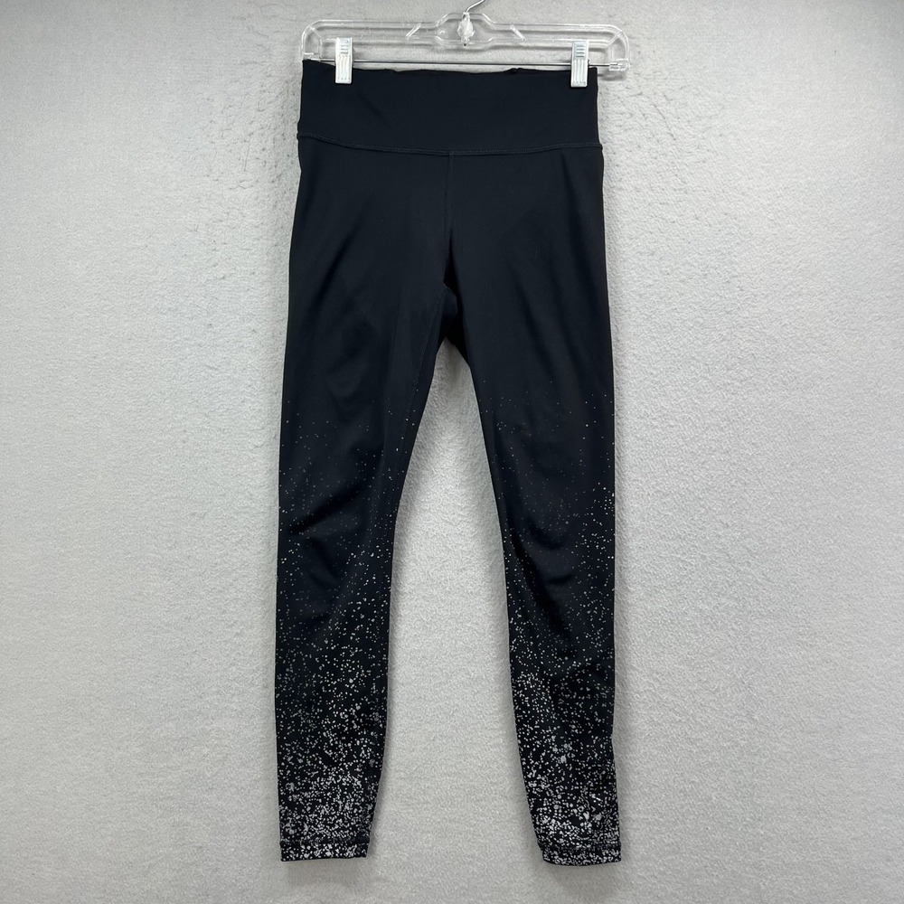 Athleta Leggings Womens XS Black Silver‎ Foil Speckled Splatter Print Yoga Pants